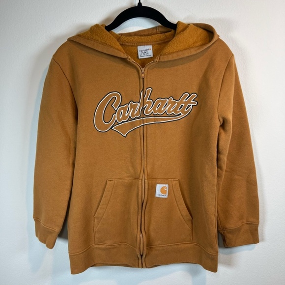 Carhartt Youth Full Zip HoodieSweatshirt Brown Spell Out Logo Pockets Kids 10/12 - Picture 9 of 13